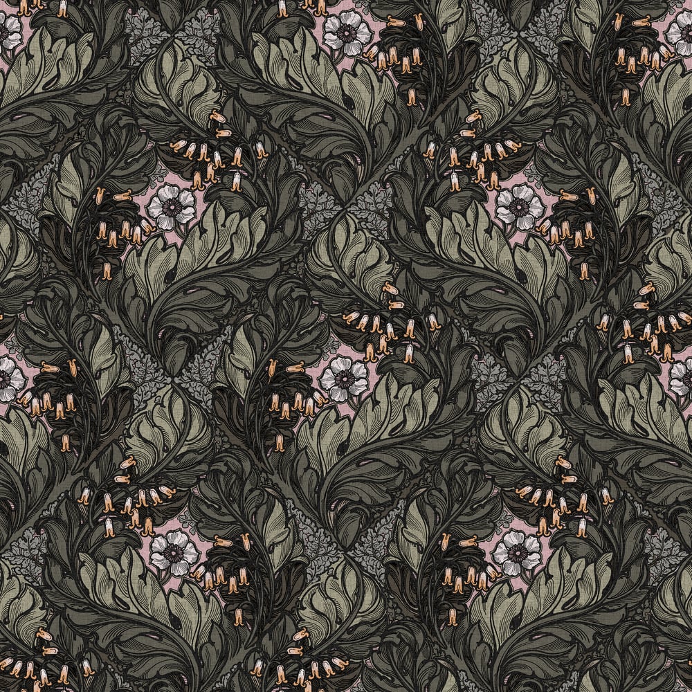 Lb25108 Floral Victorian Pattern with Stylized Leaves and Bellflowers Wallpaper