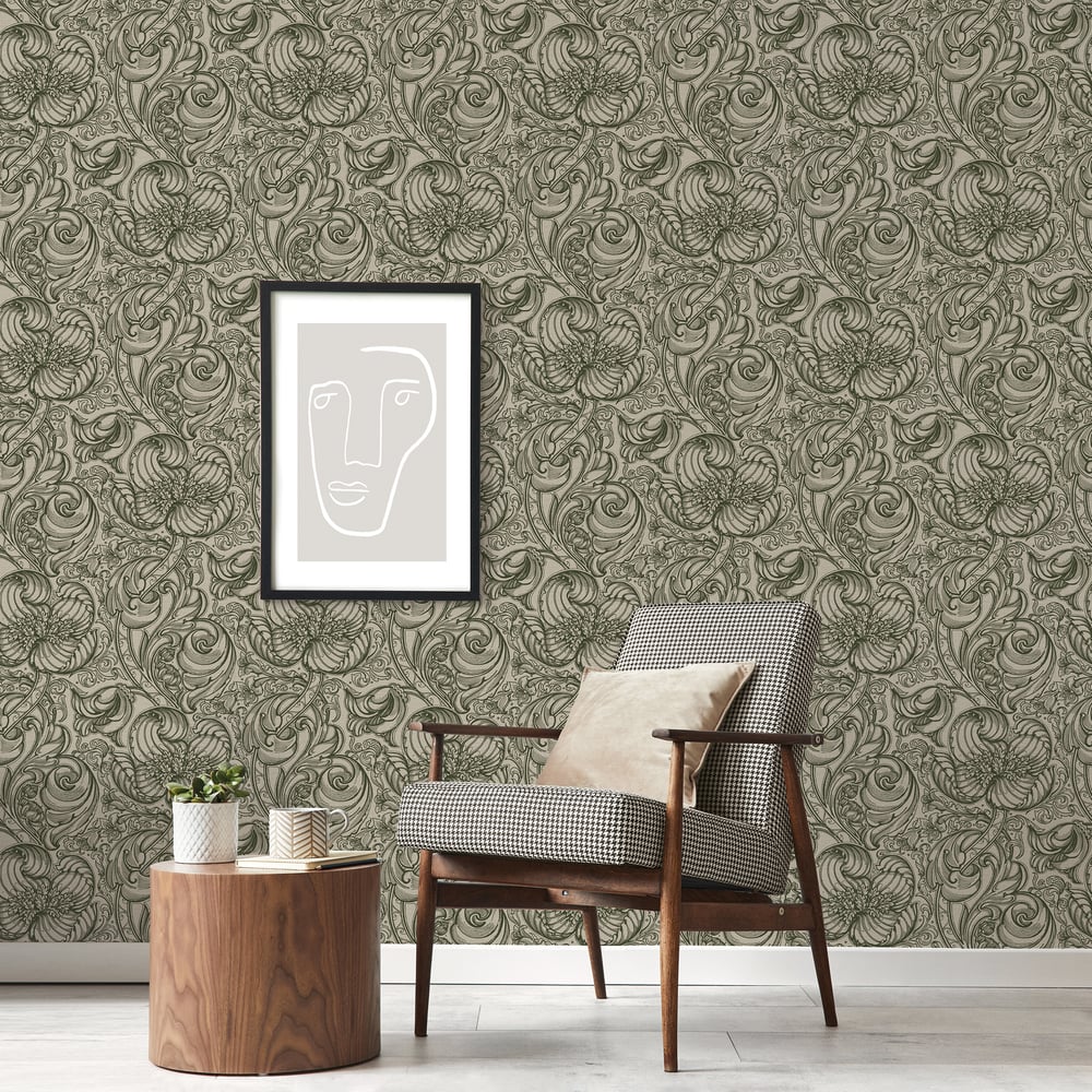 Lb25111 Vintage Floral Line Art Pattern Leaves Wallpaper - Image 2